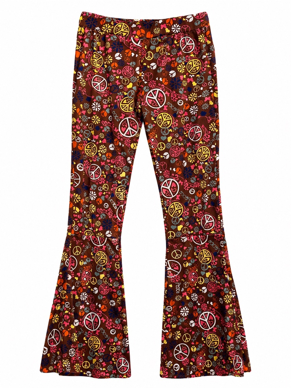 Retro Peace Sign Bell Bottom Pants Brown Pink Hippie Flare Pants Size Medium
